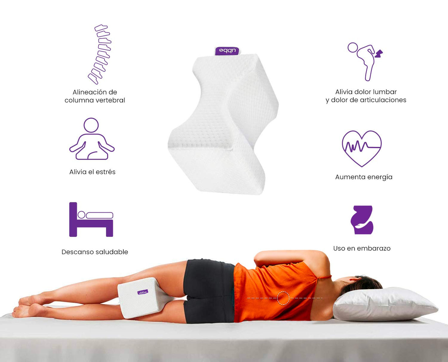 Almohada Ortopédica UBBE SLEEP Blanca de Rodilla con Memory Foam para Corrección de Postura y Alivio del Dolor