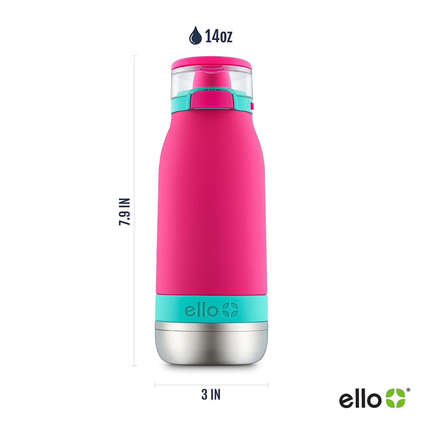 Ello Emma Botella de agua de acero inoxidable aislada al aspiradora con popote, 14 onzas, rosa tropical