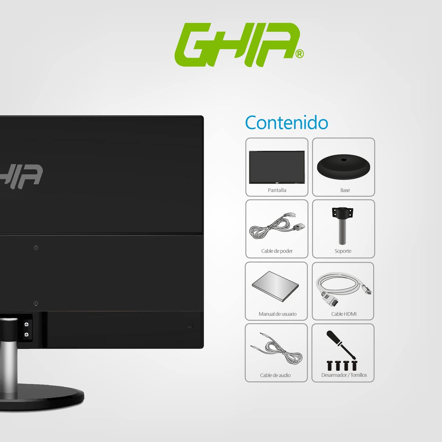 GHIA Monitor 19.5" Pulgadas MG2020. LED, Panel TN, Resolución HD 1600 X 900, 60 Hz MAX, 5 ms de Tiempo de Respuesta, Conexiones VGA y HDMI, Mini Jack 3.5mm.