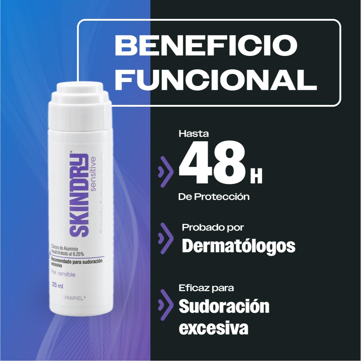 SKINDRY Sensitive Desodorante Mujer y Hombre para Pieles Sensibles | Sudoración Excesiva | 48 hrs de Protección | Antitranspirante Natural para Axilas, Pies, Manos, Espalda, Cuero Cabelludo | 35 ml