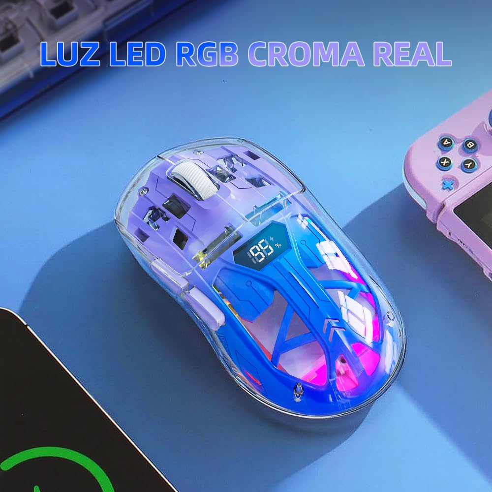 Free Wolf Mouse Inalámbrico A2, Bluetooth y 2.4GHZ Dual Modos, Ratón Recargable con Pantalla de Batería, 4000DPI Ajustable Transparente RGB Mouse Gamer