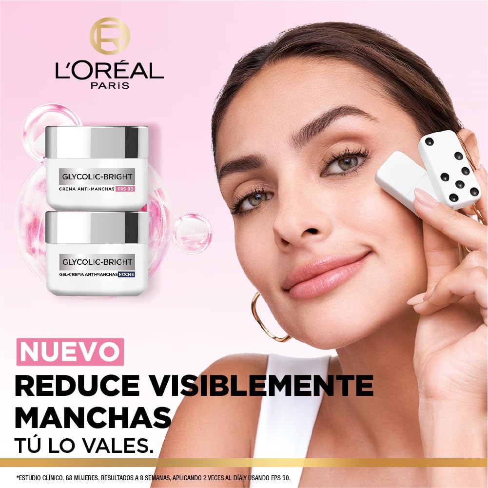 L'Oréal Paris Kit Crema Día Y Crema Noche Glycolic Bright, Anti-Manchas con Ácido Glicólico y Niacinamida
