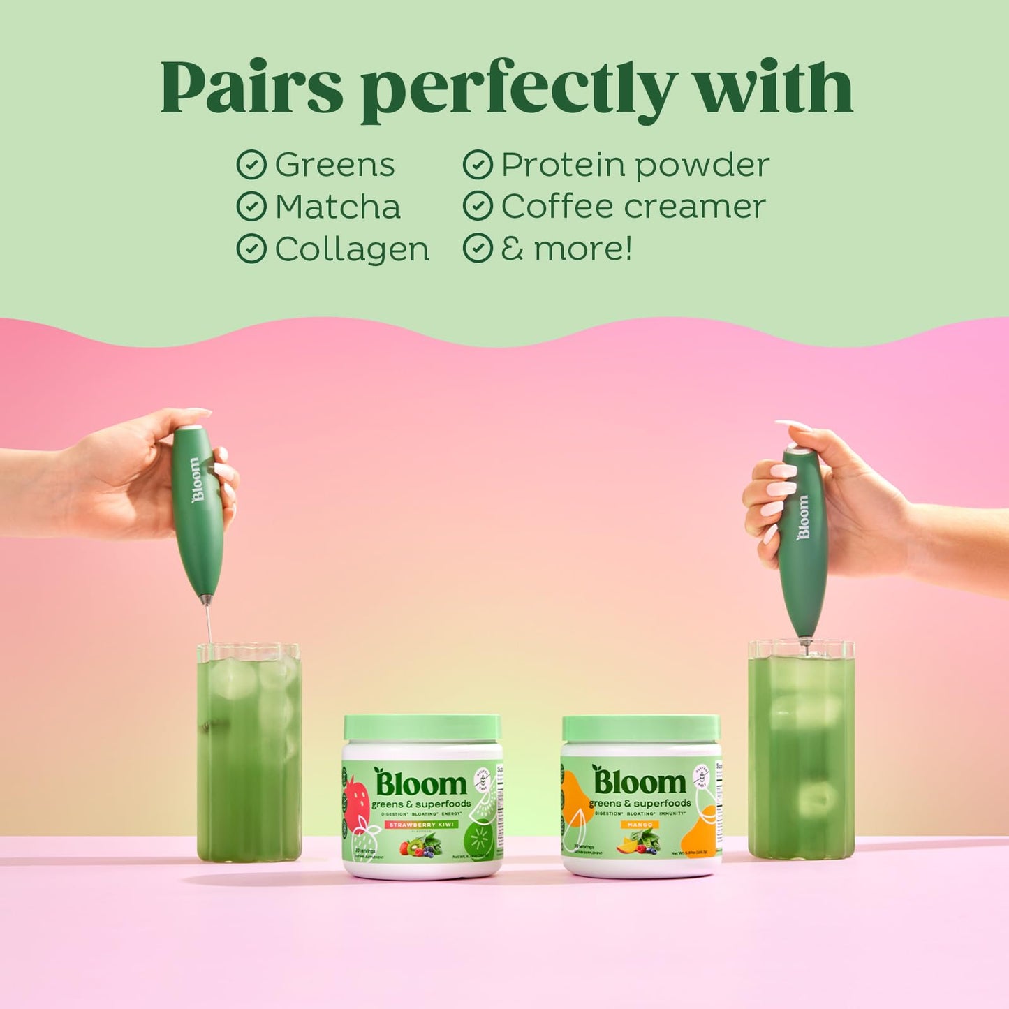 Bloom Nutrition - Espumador de leche, mezclador de mano, eléctrico, agitador de bebidas de mano, varita espumadora, máquina de espuma para café, Matcha, proteínas, verdes, acero inoxidable, funciona