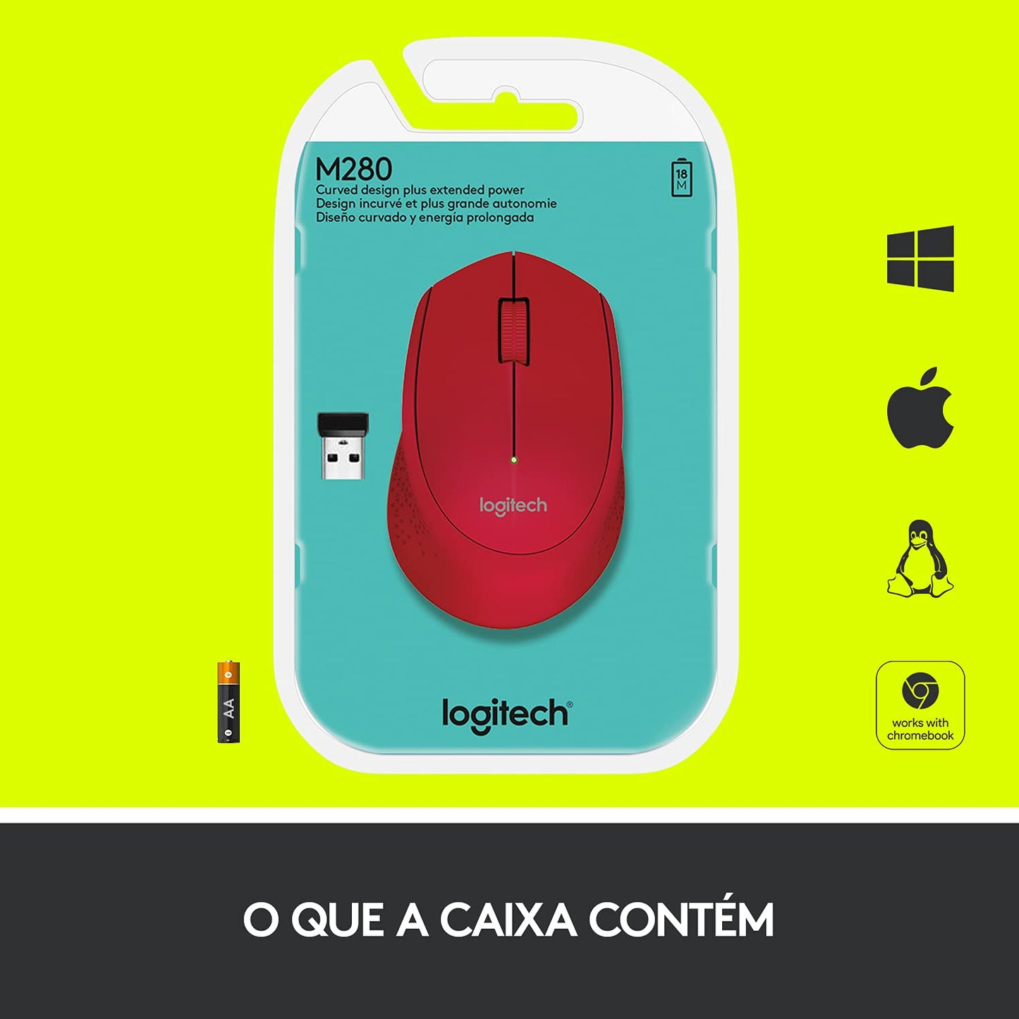 Logitech M280 Mouse Inalámbrico, 2.4 GHz, Nano Receptor USB, Seguimiento Óptico, Resolución 1000 dpi, 3 botones, Batería de 18 Meses, Compatible con PC, Mac, Laptop, Chromebook - Rojo