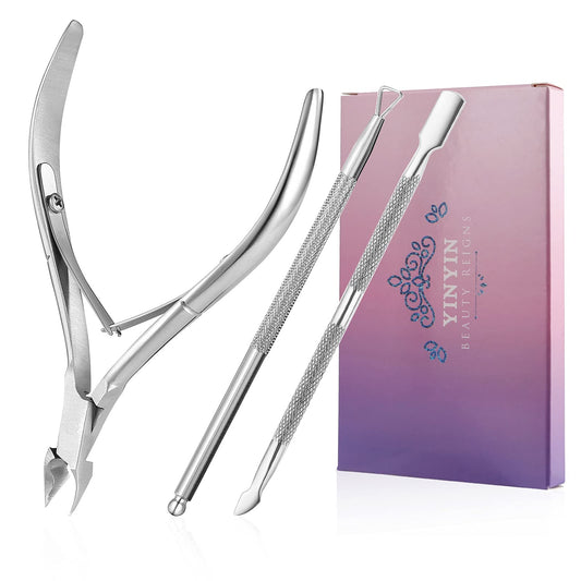 YINYIN - Cortador de cutículas con empujador de cutículas, removedor de cutículas, empujador de cutículas y cortador profesional de acero inoxidable, herramientas de manicura para pedicura y uñas de los pies