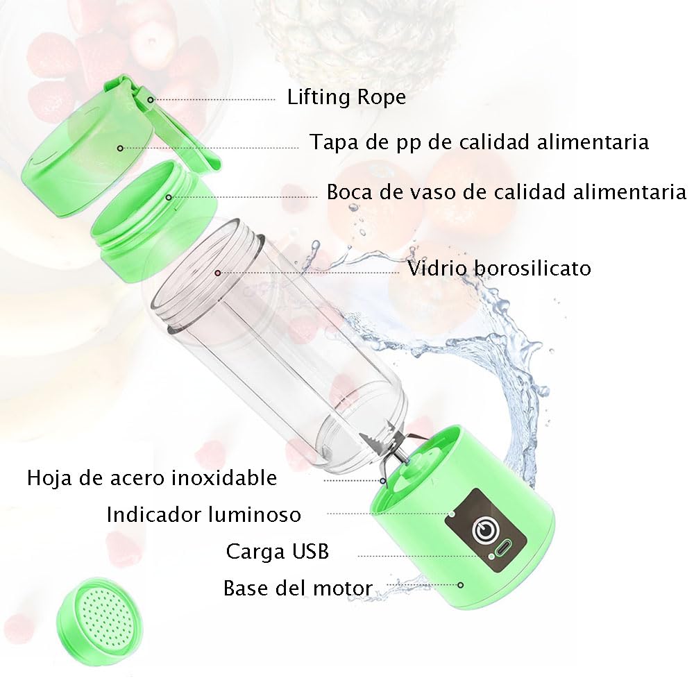 Batidora portátil, 150 watt para batidos y smoothies, 400 ml batidora de viaje recargable por USB, botella sin BPA (Con Cepillo Esponja Verde Claro*1 + Ice Lattice*1)