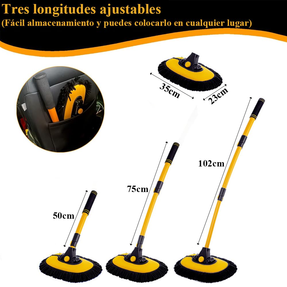 Cepillo para Lavar Carros, Kit de Limpieza para Auto, Kit de Trapeador para Lavado de Autos Con Mango Largo, Barra Telescópica 50-102 cm Con Producto de Limpieza de 3 Etapas (Negro-Amarillo)