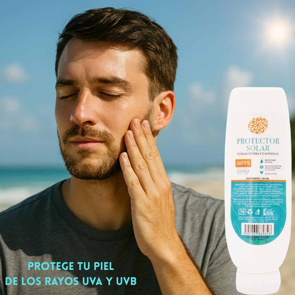 Protector Solar Lenico SPF 50 con Caléndula y Aloe Vera | 150 ml | Resistente al Agua, Hidratante y Ligero | Protección Efectiva para Todo Tipo de Piel