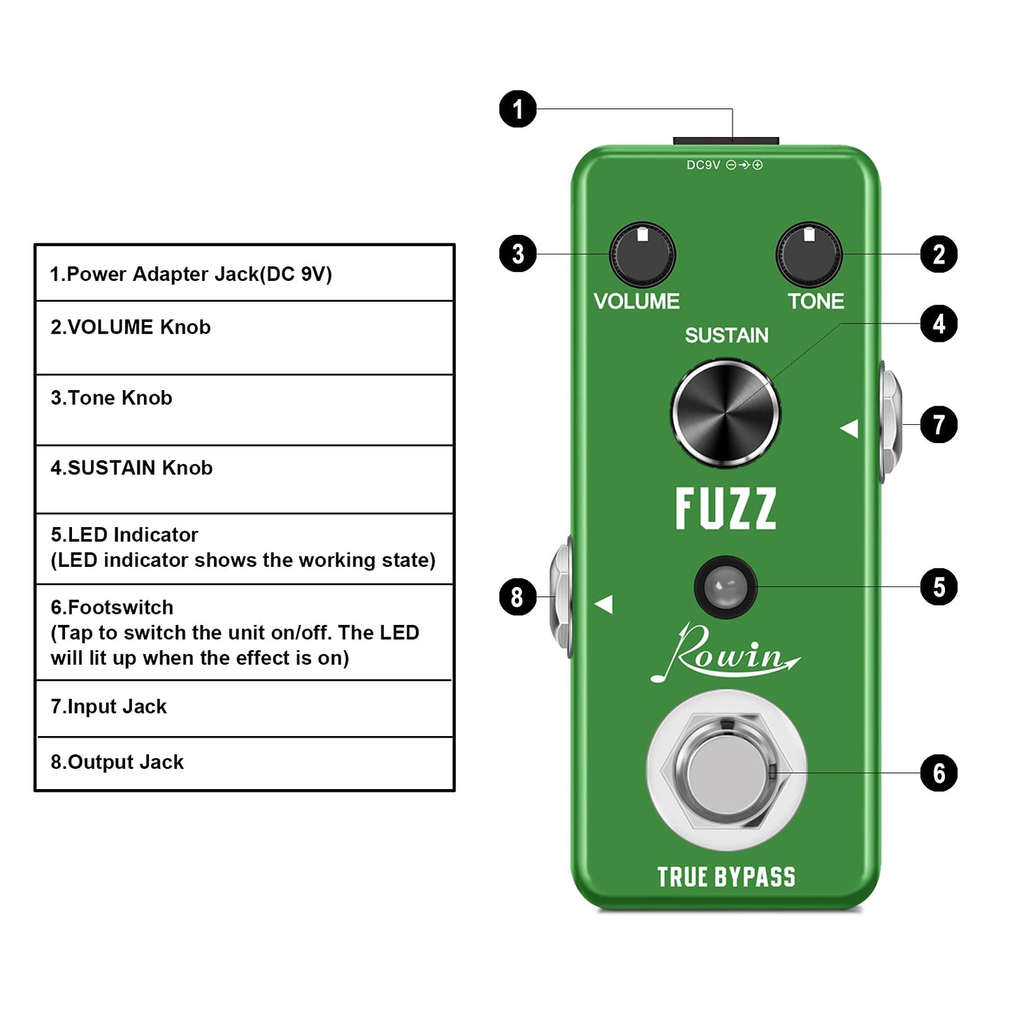Rowin - Fuzz - Pedal analógico para guitarra eléctrica/bajo, True Bypass - LEF-306