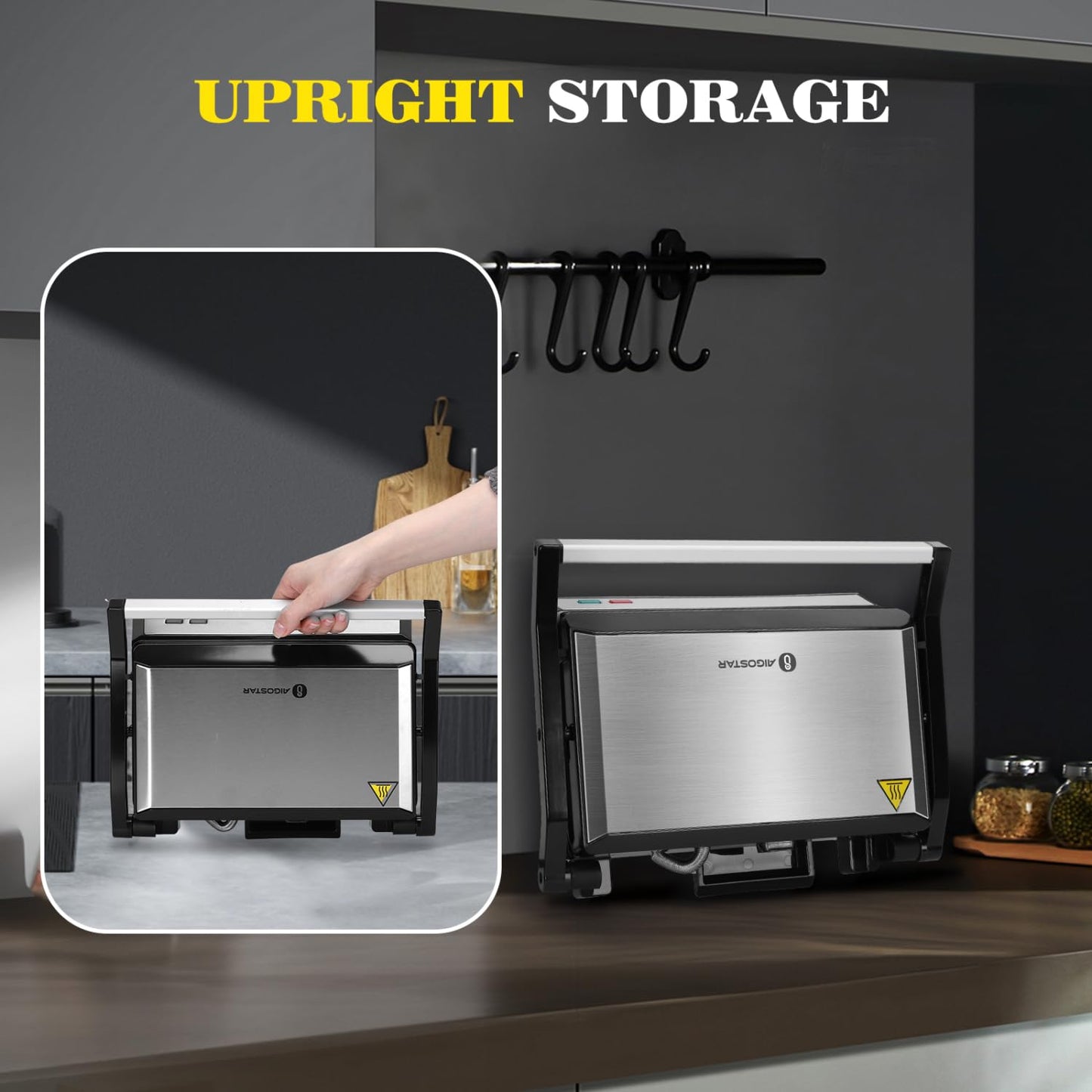 Aigostar Prensa Panini, 1200 W, Parrilla Eléctrica Interior, Placas de Cerámica Antiadherentes, Abre 180° para Adaptarse a Cualquier Tamaño de Alimentos, Negro