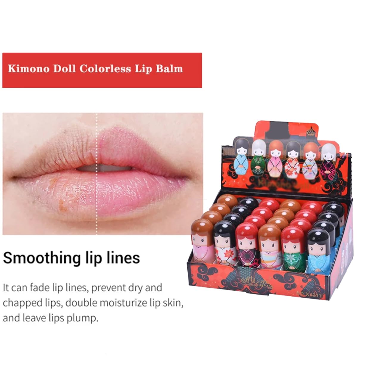 Bálsanos de labios, bálsamo labial con forma de muñeca 24 labios humectante de reparación de labios para eliminar la nutrición de la piel muerta (1 caja)