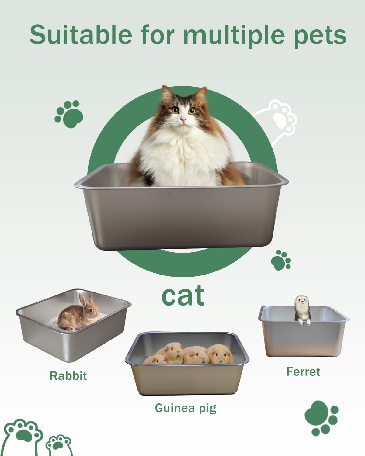 Caja de arena mediana de acero inoxidable para gatos, 17.5 x 13.6 x 5.8 pulgadas, antifugas, nunca absorbe olores, antiadherente, FOXORU