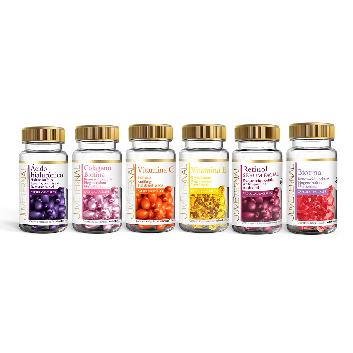 Juveternal Kit 6 frascos Cápsulas Faciales Ácido Hialurónico Cápsulas Faciales Colágeno Biotina Cápsulas Faciales Vitamina C Cápsulas Faciales Vitamina E Cápsulas Faciales Biotina Cápsulas Faciales Retinol 90 cáps c/u Efecto Litting Reafirma y Retexturiza