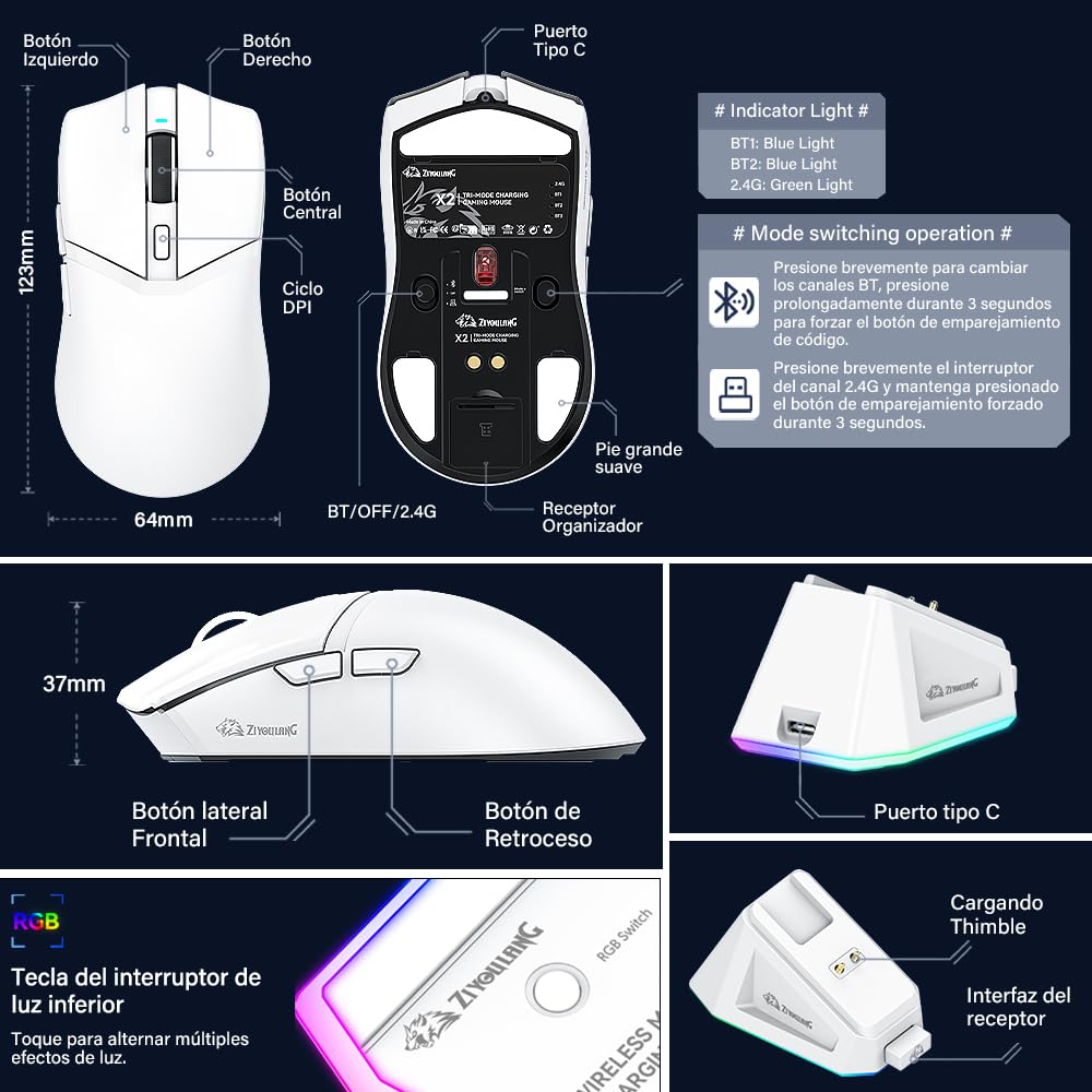 Free wolf X2 Mouse Inalámbrico con RGB Cargador, Mouse Gamer con 3 Modos de Conexión(2.4G/Type-c/BT), 24000DPI, con 7 Botones Programables para PC/Mac(Blanco)