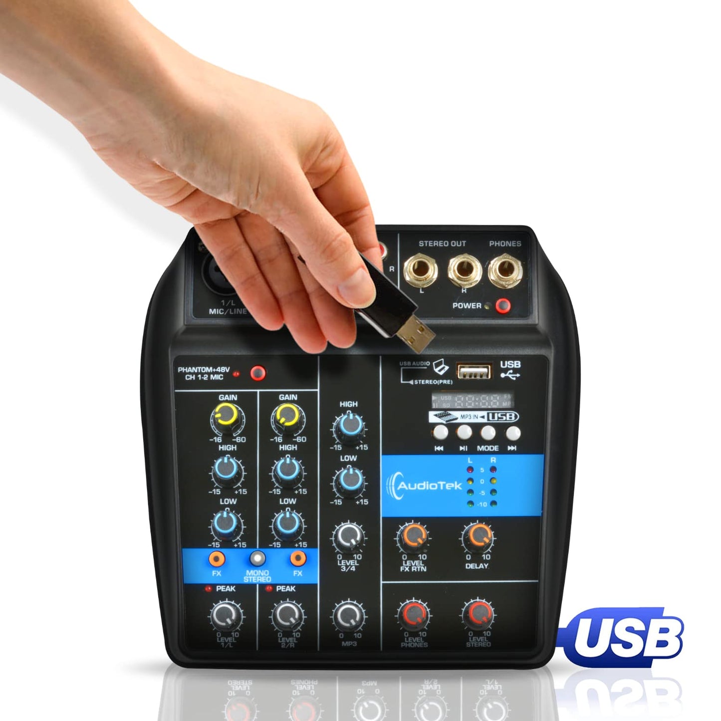 AUDIOTEK Mezcladora de Sonido 4 Canales Control de Efectos Mixer USB Interfaz Bluetooth DJ Potencia de 10 W Conexion Audifonos Phantom Power Consola de Audio Mezcladoras Reproductor y Grabador MP3