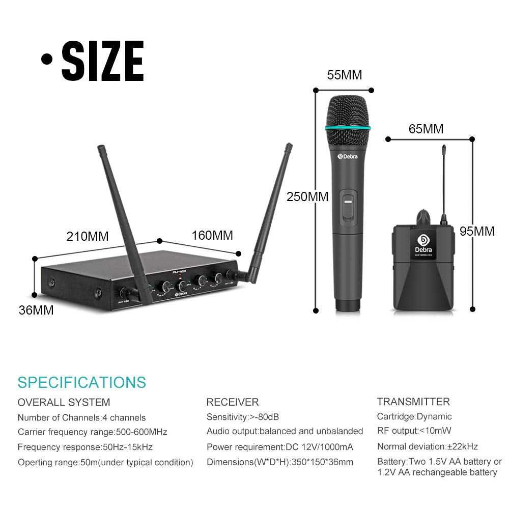 Debra Audio Pro UHF Sistema De Micrófono Inalámbrico De 4 Canales con Micrófonos Inalámbricos, Receptor De Metal, Ideal para La Fiesta De La Iglesia De Karaoke (with 4 Handheld (B))