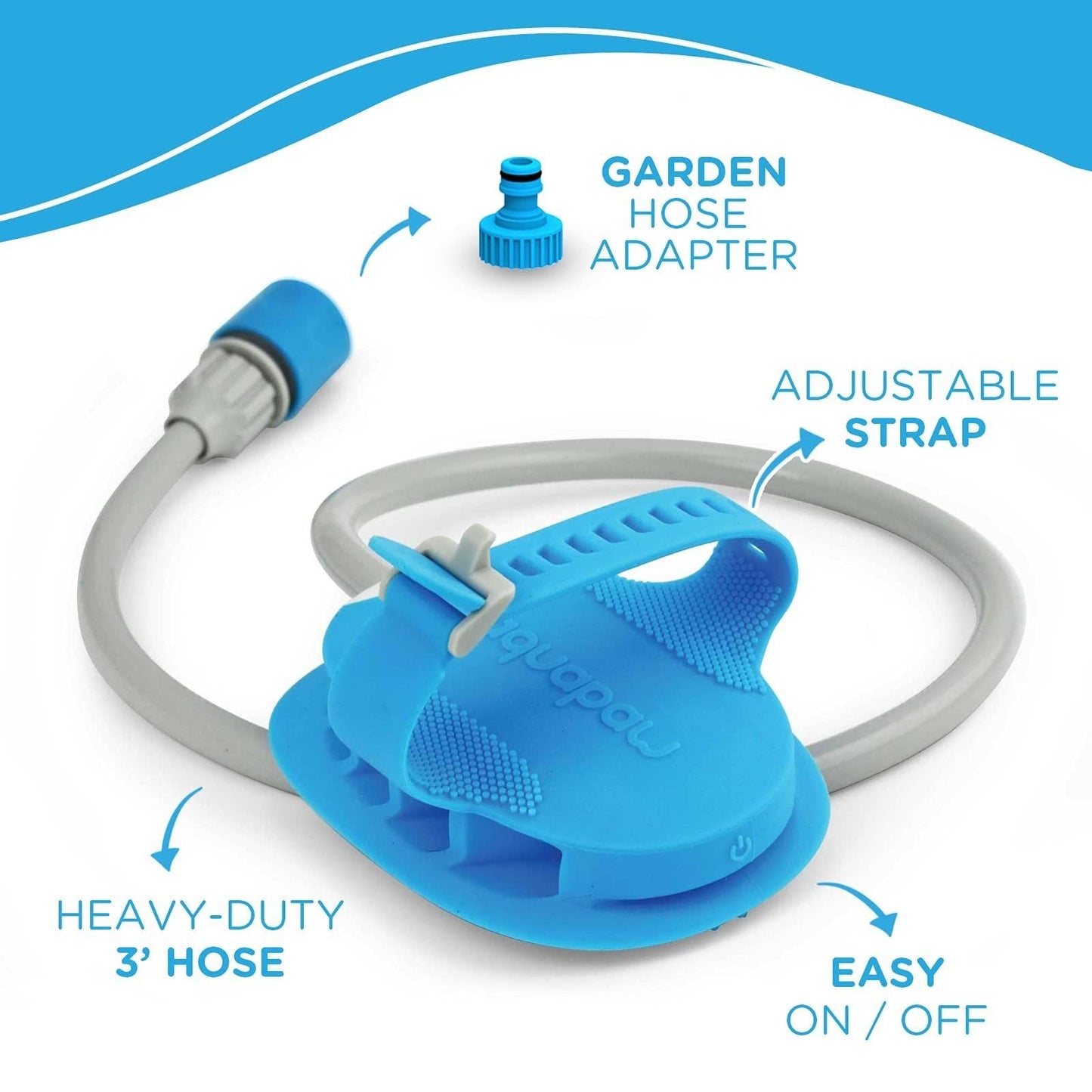 Aquapaw 5 en 1 Herramienta de baño de caballos y peine de curry para lavar, rociar, fregar, masajear y arreglar | Incluye manguera de jardín de 3 pies y adaptador | 1 tamaño para todos, ideal para caballos, ganado y perros grandes