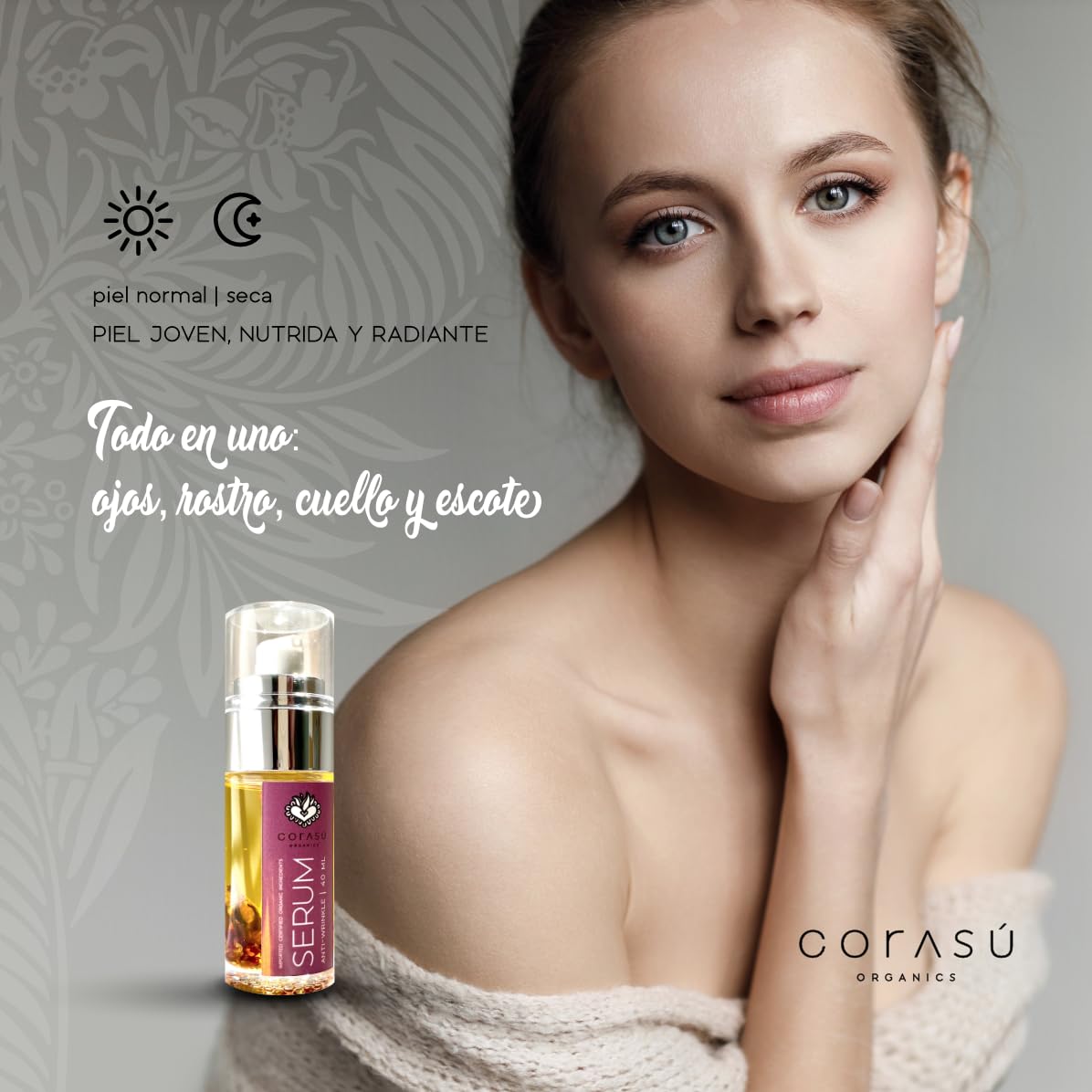 CORASÚ SÉRUM facial antiarrugas 40ml | 100% NATURAL | ORGÁNICO | Con rosa mosqueta, helicriso (la flor de la eterna juventud) y extractos vegetales antioxidantes y regenerantes | NO deja sensación grasosa | Piel SEDOSA y RADIANTE | NUTRE. REGENERA. SUAVIZ