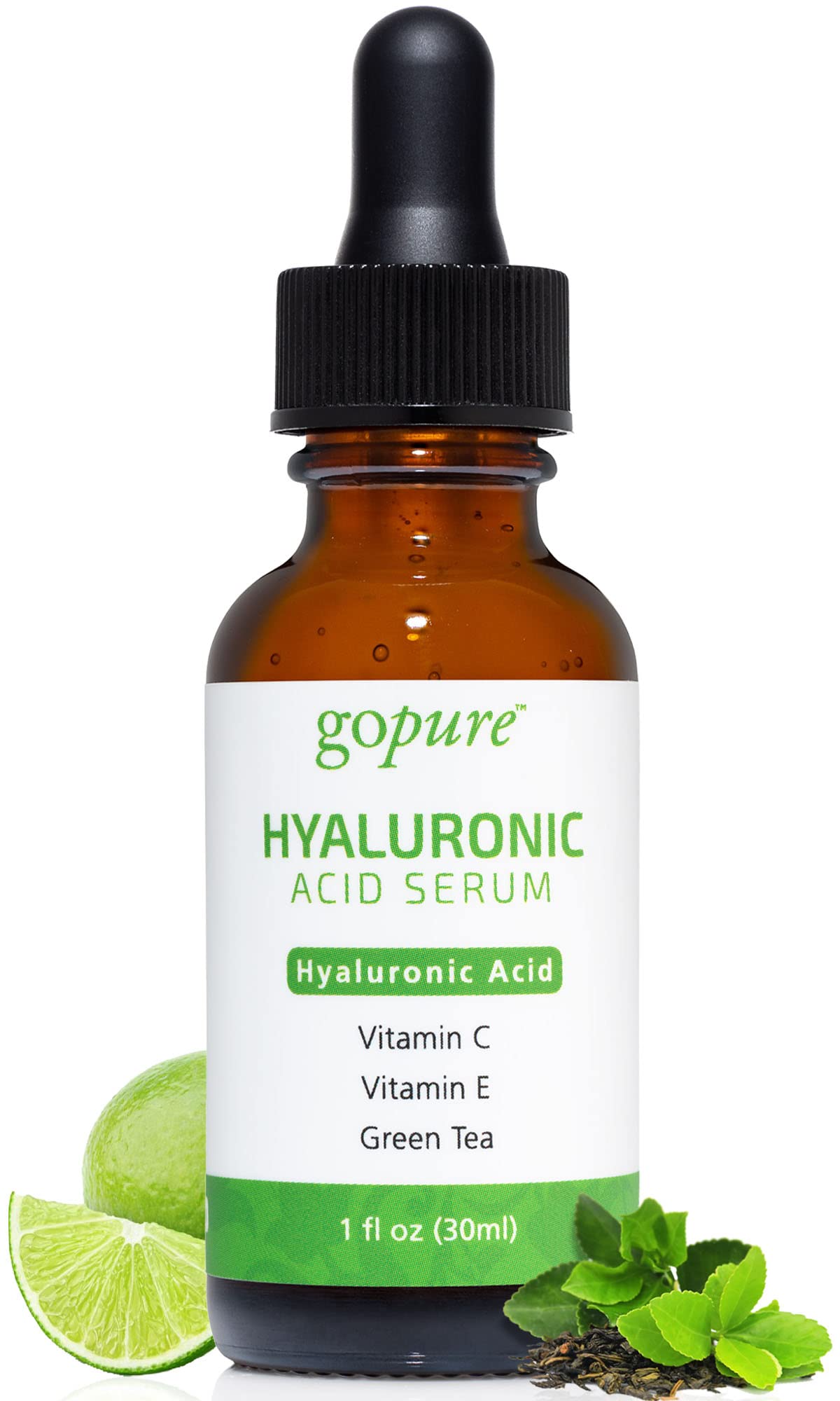 goPure Hyaluronic Acid Serum with Vitamin C, Green Tea & Vitamin E - Hydrating Anti Aging Serum - Hydrates & Plumps the Skin - Dry Skin, Fine Lines, Wrinkles - 1oz
