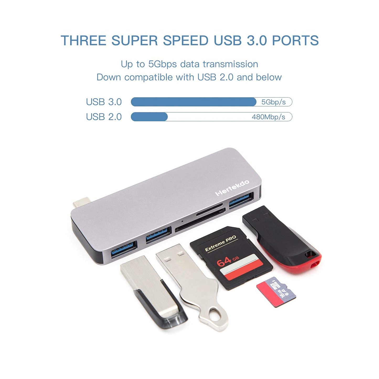 Adaptador USB C Hub Tipo C con 3 Puertos USB 3.0 y Lector de Tarjeta SD/TF Compatible con MacBook, MacBook Pro, MacBook Air, Dell, Asus, Huawei, Microsoft Surface