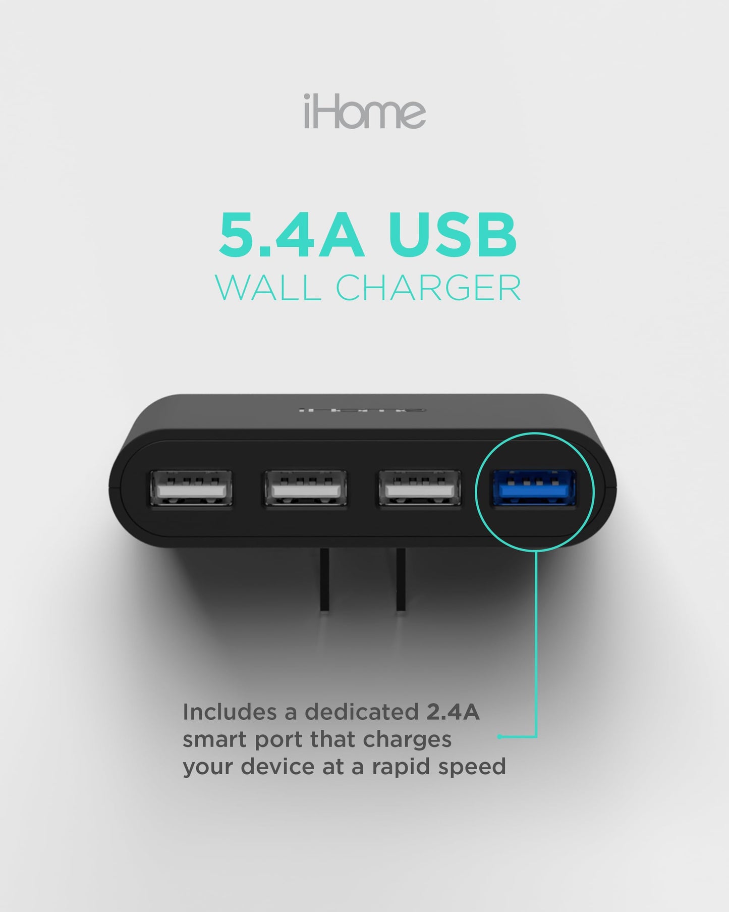 iHome Cargador de Pared USB Slim Cargador USB Multipuerto AC Pro, Adaptador de Enchufe USB y Bloque de Carga para Teléfono, 4 Enchufes USB para Tomacorriente de Pared