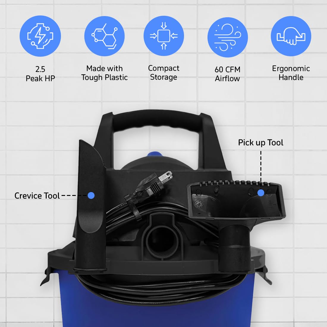 Koblenz WD-2.5 L – Aspiradora Seco Mojado 3 en 1 con Sistema de Expulsión de Aire, 2.5 Galones de Capacidad y Motor de 2.5 HP, Aspiradora para Auto, Portátil con Soporte de Pared y Cochera, Accesorios
