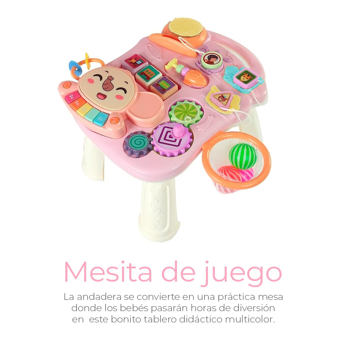 Andadera Musical Raganet Rosa 2 en 1 con Mesa de Actividades y Panel de Juego Extraíble para Bebés