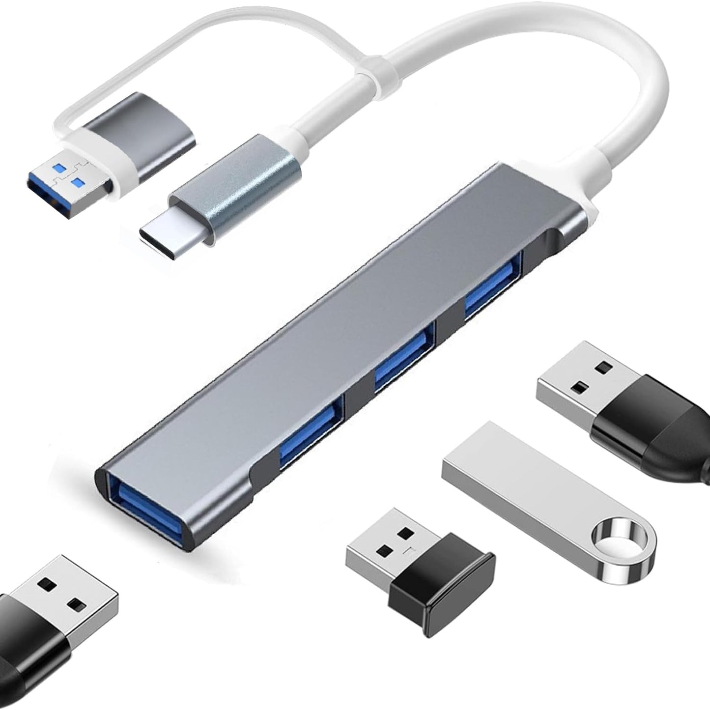 Adaptador USB C 4 en 2 Podero Ultradelgado con Hub USB 3.0 de 4 Puertos en USB A
