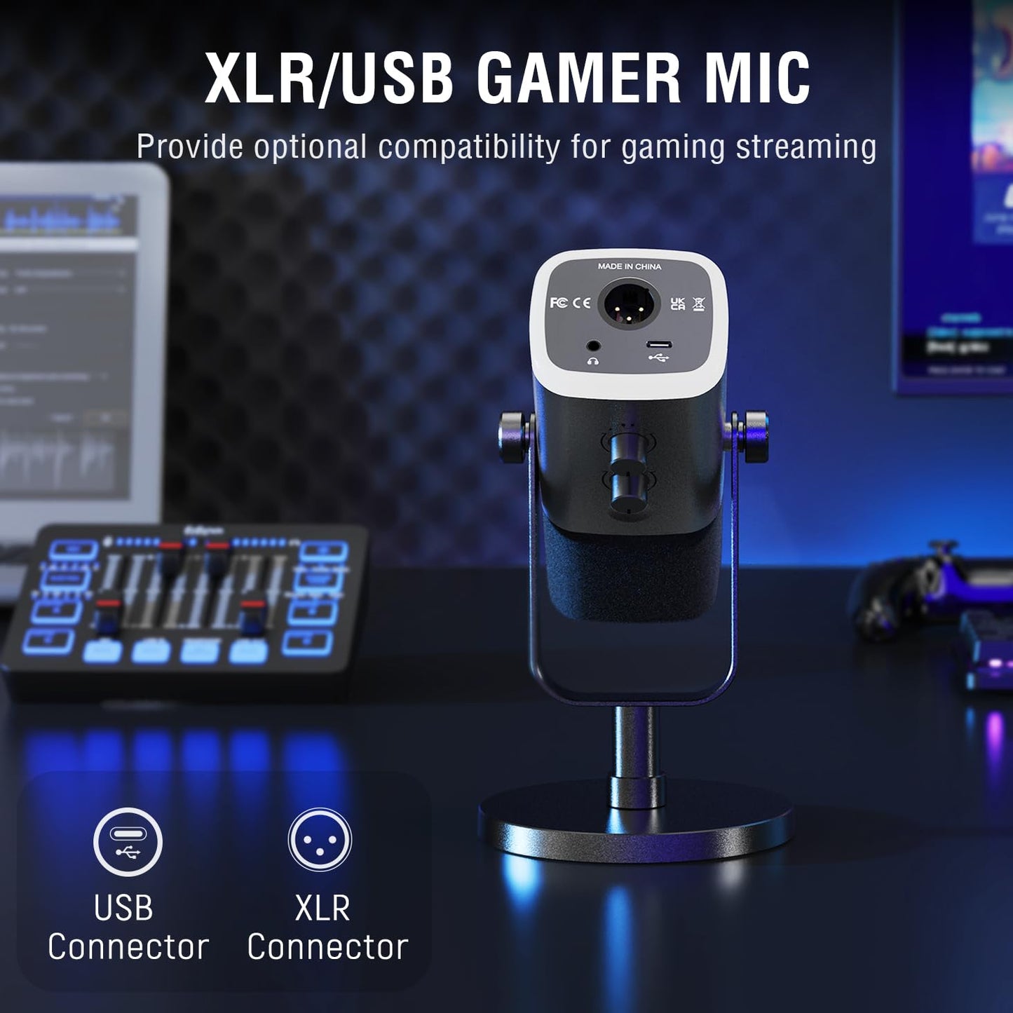 FIFINE Gaming Equipment Bundle,Set de Micrófono Dinámico XLR/USB Gaming con Mezclador de Audio Streaming para Grabación de Podcast Video Vocal,Set RGB Gamer con Fader Volumen/Interfaz XLR para PC-KS5