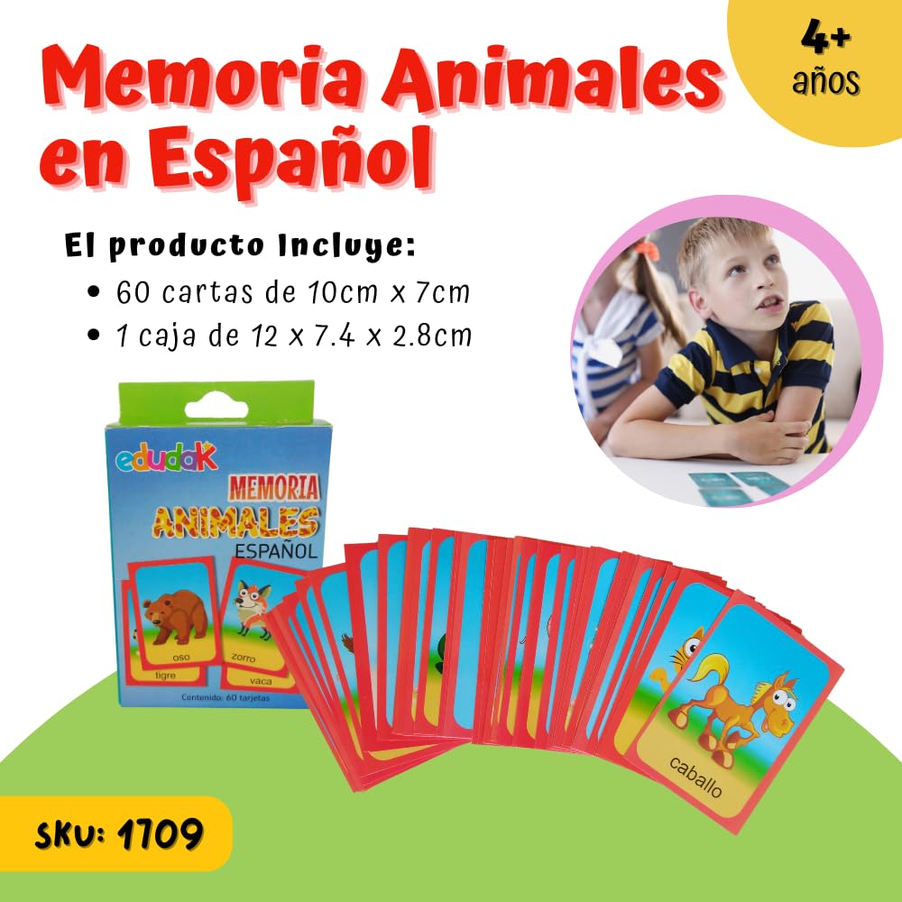 Edudak Juego de Memoria para Niños con Tematica de Animales. 60 Tarjetas. Juego de Mesa Infantil