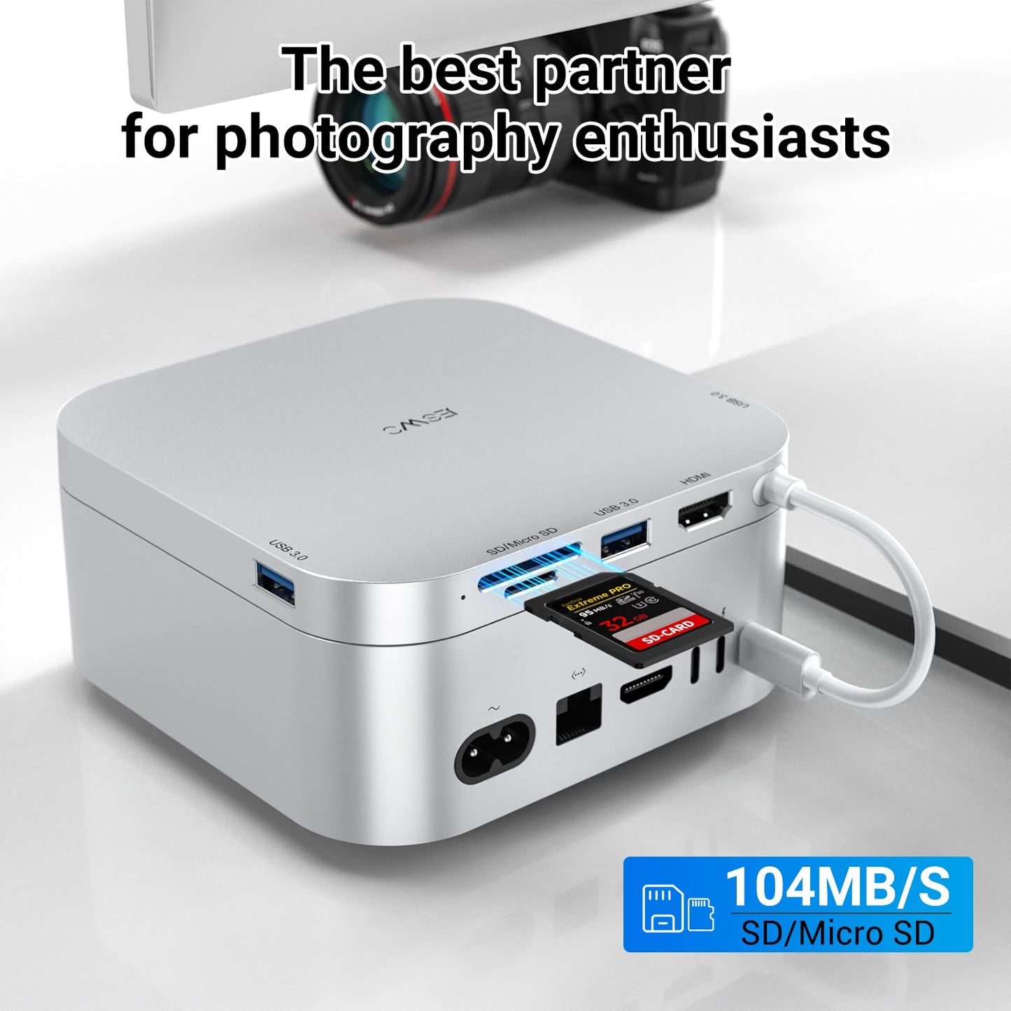 JESWO 6 en 1 Mac Mini M4 Hub para Mac Mini M4/Pro 2024 con HDMI 4K 60Hz, 3 Puertos USB 3.0, Lectores de Tarjetas Micro SD/SD
