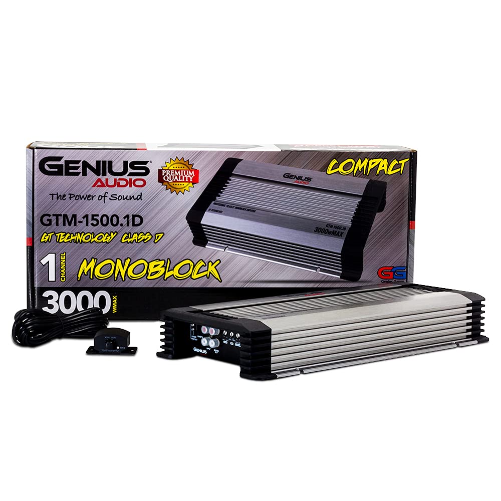 GENIUS - Amplificador compacto Full Range clase D GTM-1500.1D / 3000 watts/estable a 1 ohm con sistema de protección de energía y refuerzo de graves para Bocina y woofer