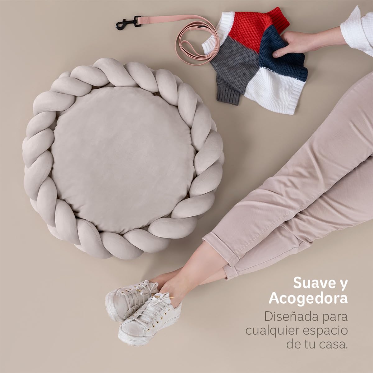 Cama Redonda Esquimal Beige Trenzada Lavable para Perro y Gato Chico