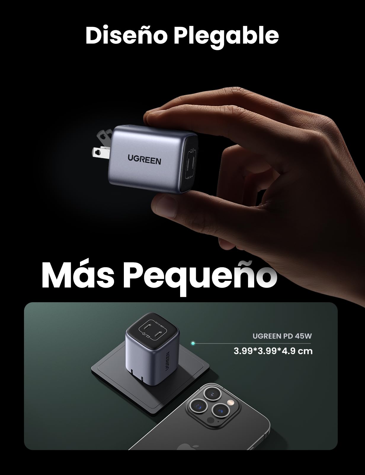 UGREEN Nexode 45W Cargador Tipo C GaN con Cable USB C 100W 1M, Gargador USB C 2 Puertos, Carga Rápida Cargador Portátil Compatible con Galaxy S25 S24 S23 Ultra, iPhone 15 14 Pro, MacBook Air, iPad Pro