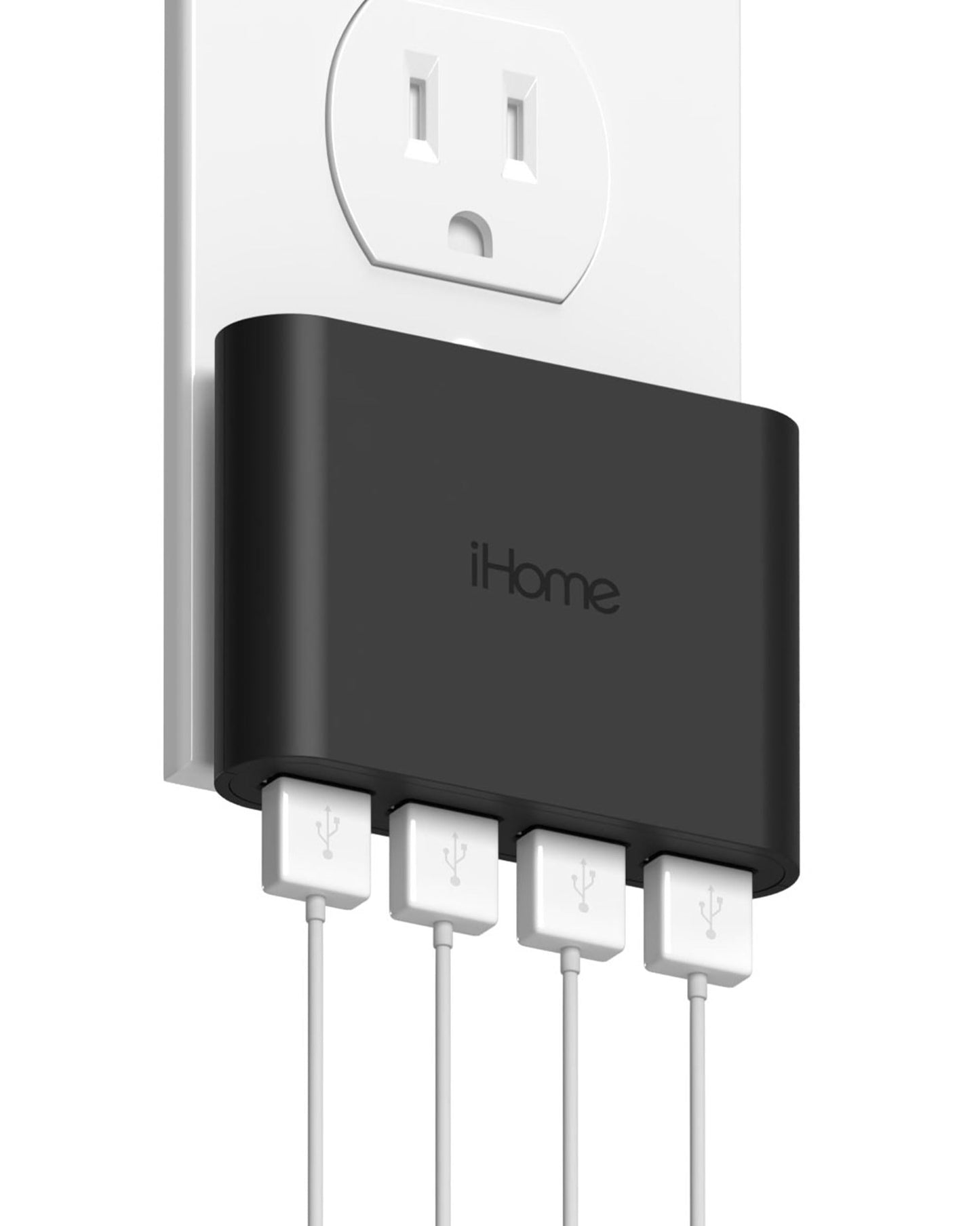 iHome Cargador de Pared USB Slim Cargador USB Multipuerto AC Pro, Adaptador de Enchufe USB y Bloque de Carga para Teléfono, 4 Enchufes USB para Tomacorriente de Pared