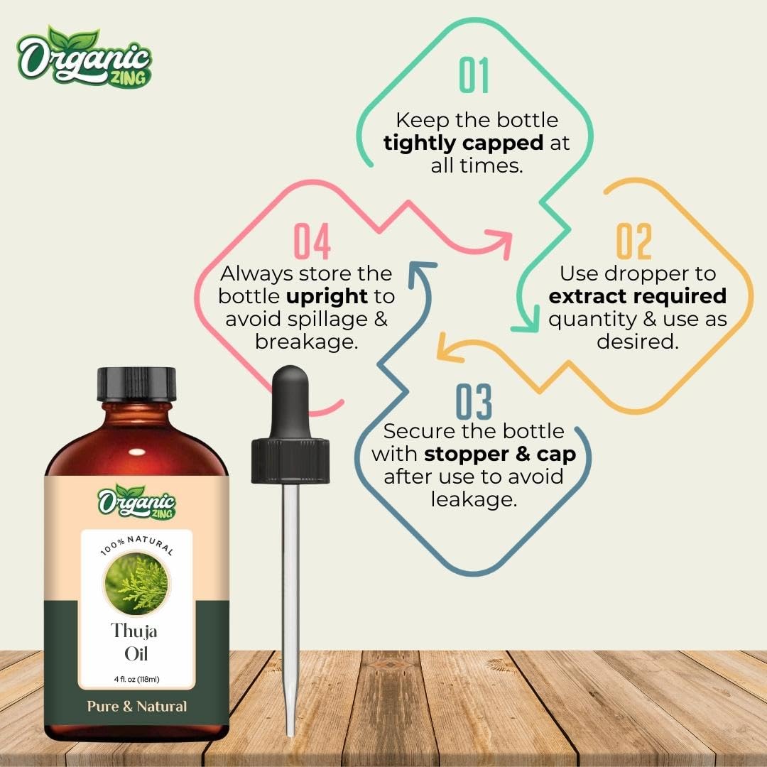 Organic Zing Thuja (Thuja occidentalis L.) Essential Oil Pure & Natural for Skin, Face, Hair Care, Aromatherapy, Diffuser, Conditioner- 118ml/3.99fl oz