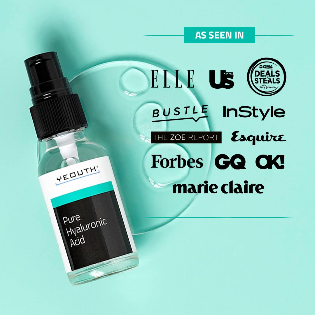 YEOUTH Acido Hialuronico Puro Serum Facial, Sérum Anti-rides à L'Acide Hyaluronique pour le Visage 100%, Cadeaux pour Femmes/ Hommes, Biologique, Végétalien, Fabriqué aux USA 30ml