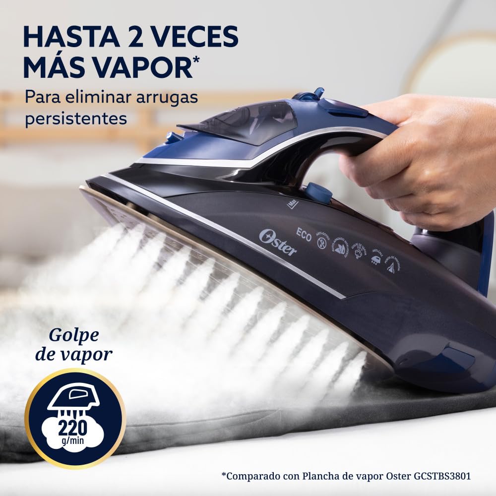 Oster Plancha de Vapor, Diamond Steam Max S8200, Digital, Golpe de Vapor 220 g/min, Suela XL Cerámica con Diamante, Vapor Vertical, Antigoteo, Azul Oscuro, GCSTDPD8201-013