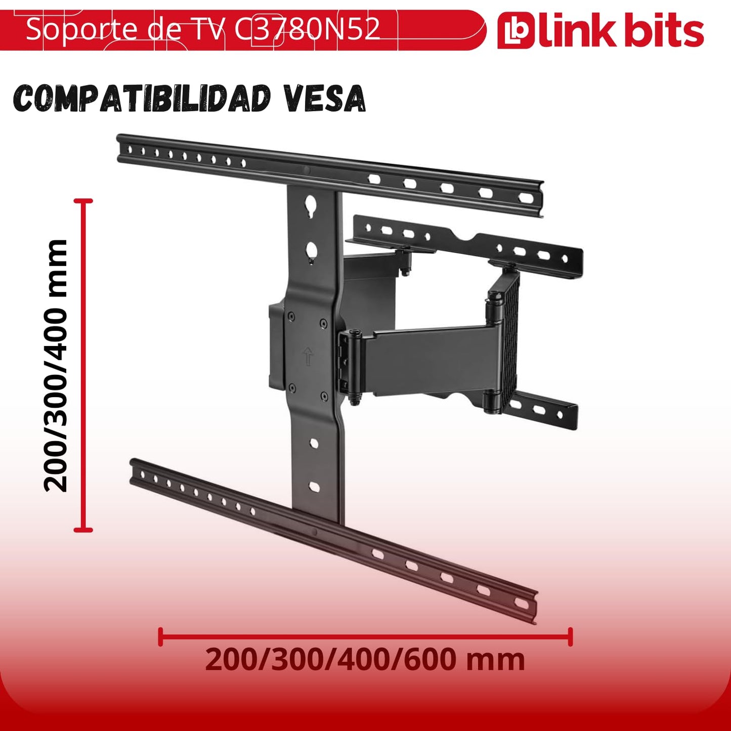 LINK BITS C3780N52 Soporte de TV movible con Brazo para Pantallas de 37” a 80”, Soporte de Pared articulado 75 Pulgadas, hasta 50 Kg (Materiales Reforzados).