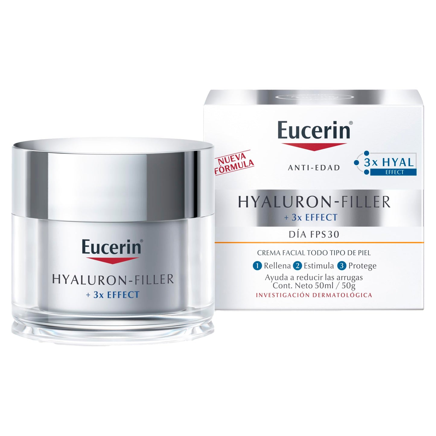 Eucerin Hyaluron-Filler 3X EFFECT Crema Facial de Día Anti Arrugas con Protección Solar FPS 30 50ml con Ácido Hialurónico Anti Edad para todo tipo de piel