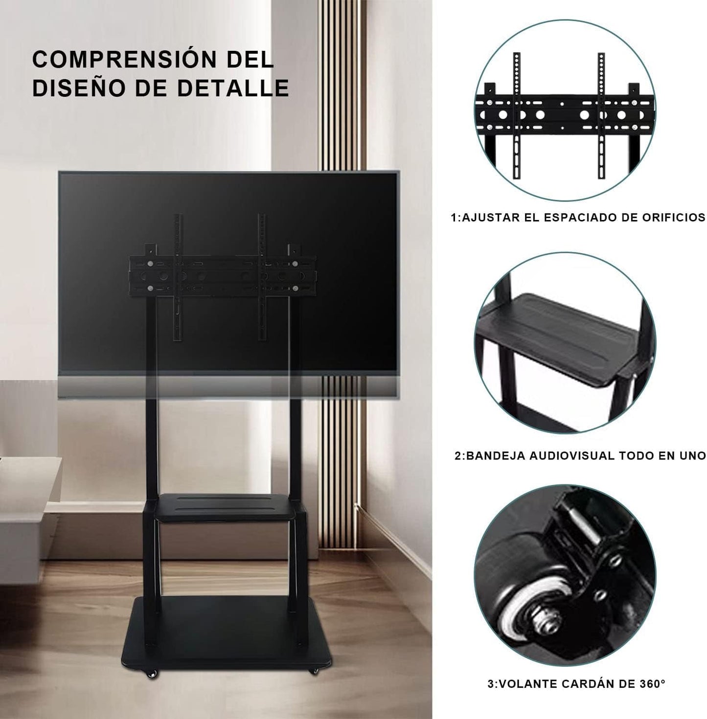 LINK BITS C3275N41 Soporte de TV móvil con Ruedas para televisores 32" a 75", Base para Pantalla de Piso, Giratorio con Dos repisas para monitores de hasta 75kg y VESA de hasta 600x400mm.