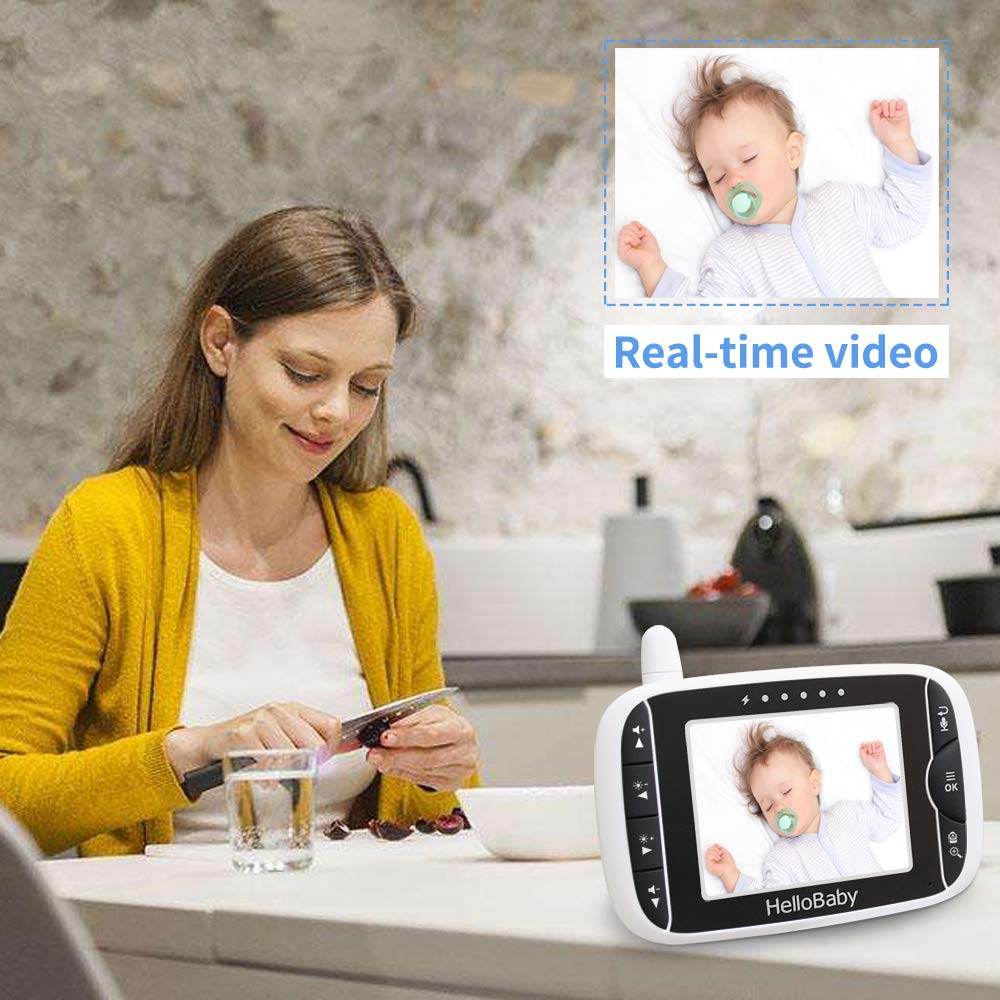 HelloBaby Video Baby Monitor with Remote Camera Pan-Tilt-Zoom, 8.1cm Colour LCD Screen, Infrared Night Vision, Temperature Display, Lullaby, Two Way Audio, with Wall Mount Kit