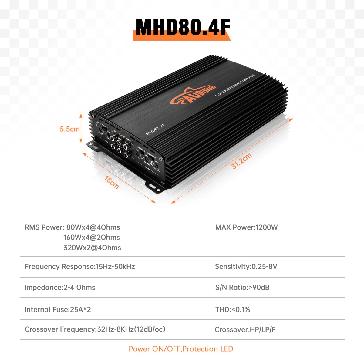 AUDISHAKO 1200W Amplificador de Audio para Coche de 4 Canales,Amplificador para Auto de Clase A/B, 2 Ohm 160W x 4 Canales, Coches Deportivos y Otros Sistemas de Audio para Coche