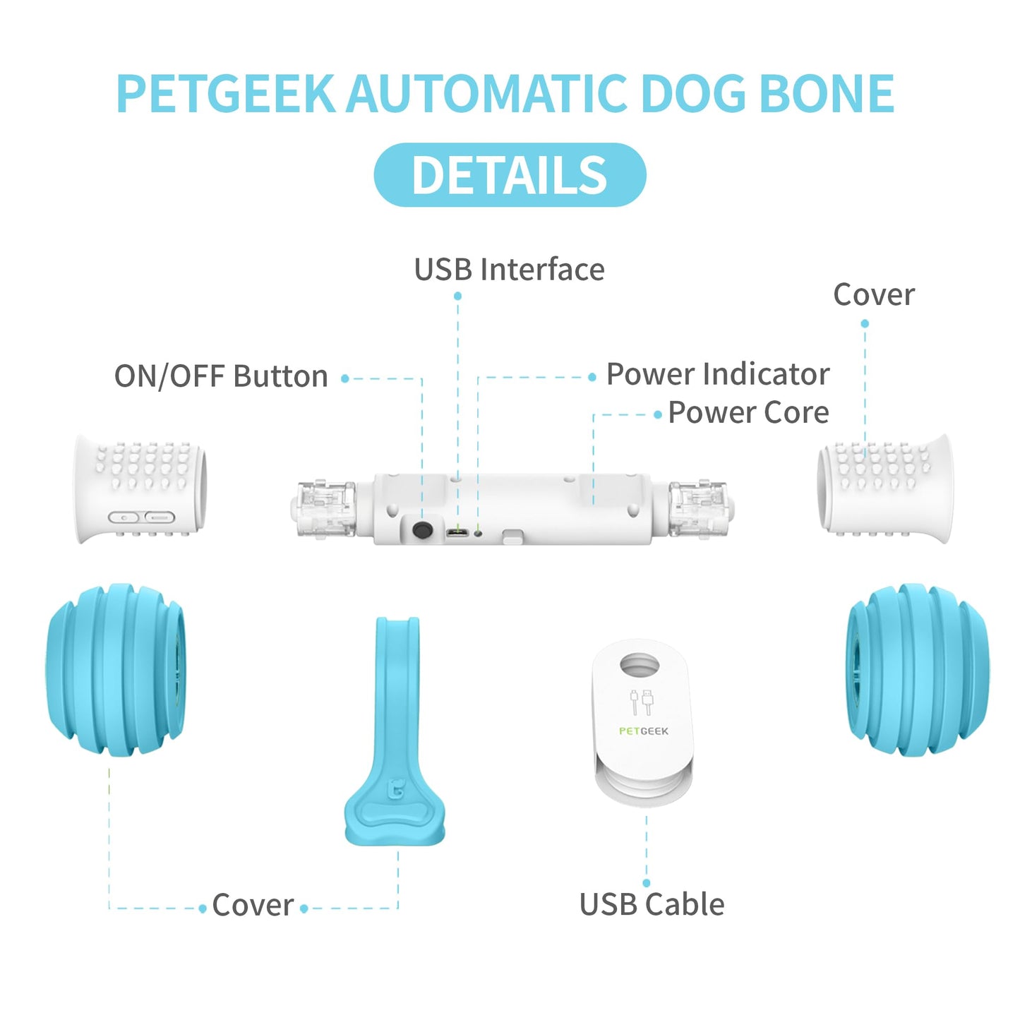 PETGEEK Juguetes interactivos para perros, juguetes automáticos para mantenerlos ocupados, huesos electrónicos para perros con material seguro y duradero, equipados con USB recargable (azul)