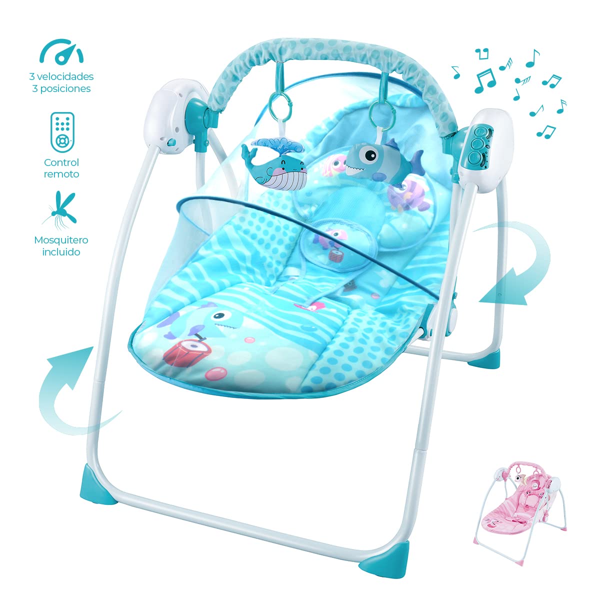 Silla Mecedora Eléctrica Raganet Azul con Control Remoto y Mosquitero para Bebés