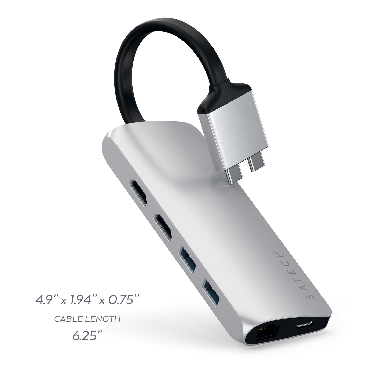 Adaptador USB C Doble Satechi Plata con HDMI 4K y Lector de Tarjetas para MacBook Pro/MAX M2/M1