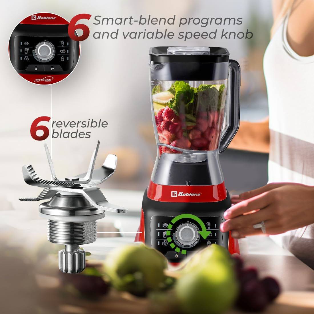 Koblenz Licuadora Profesional LKM-9608 PRO, 1400 Watts, Velocidad Ajustable, 6 programas y Función de Pulso, Ultra Silenciosa, Vaso Plástico de 2 L, Vaso Portátil de 900ml, Más Accesorios, Color Rojo