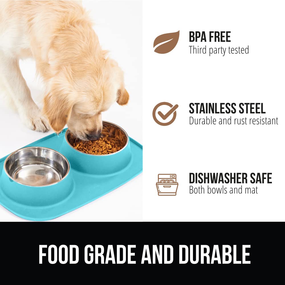 Gorilla Grip Juego de cuencos antideslizantes para mascotas y alfombrilla de alimentación de silicona, atrapa el agua y los alimentos, bordes elevados para evitar derrames, cuenco de acero inoxidable para gatos y perros, diseño pendiente de patente, 1 taz