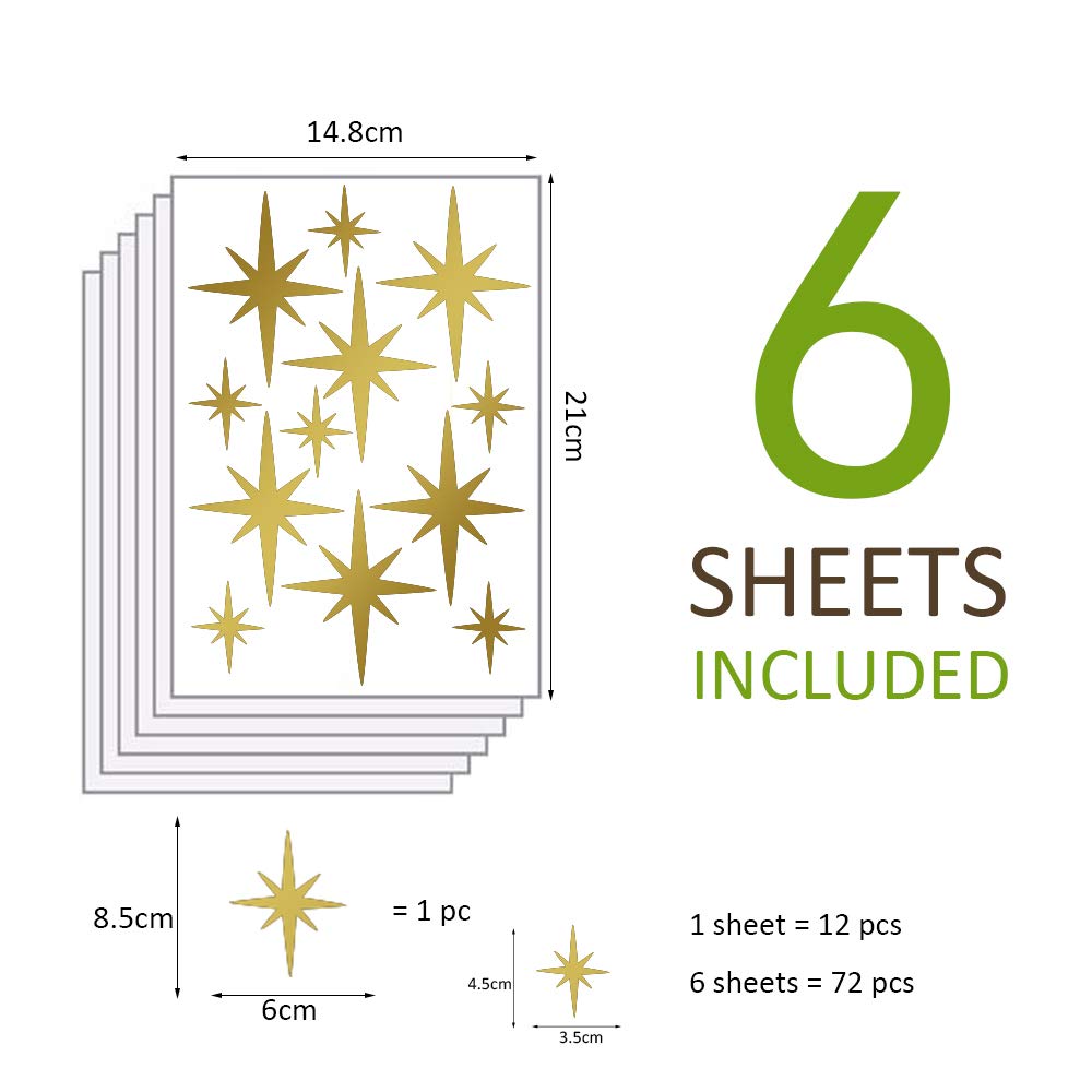 Calcomanías de pared de estrella dorada para decoración de habitación de adultos, dormitorio y niñas, decoración de habitación de niños, estrellas retro doradas, 72 unidades