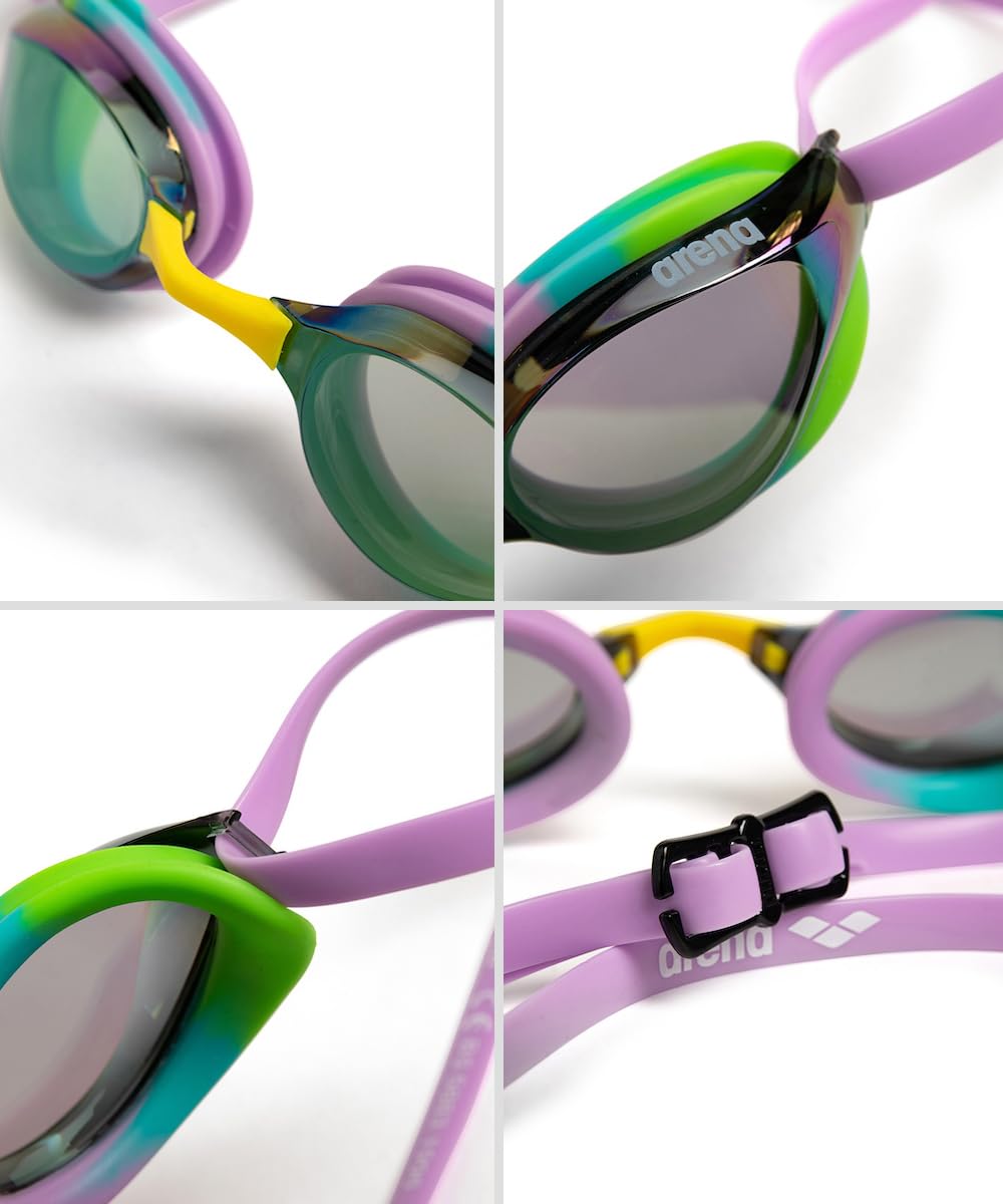 ARENA - anteojos de natación unisex para adultos, para hombres y mujeres, lentes de espejo antivaho, máxima comodidad, doble correa, verde/violeta/verde